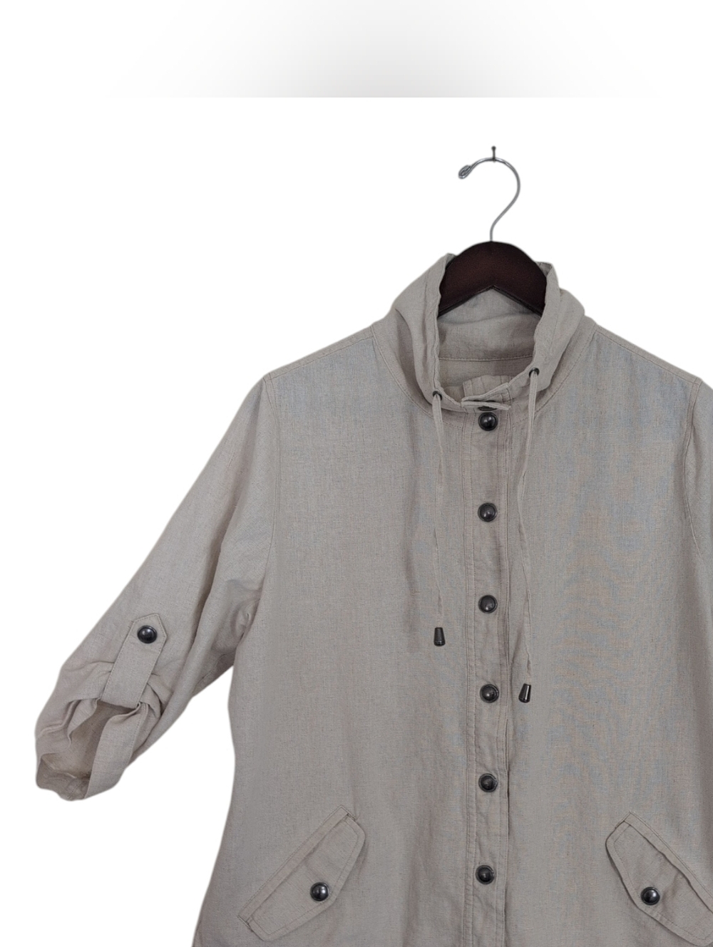 Christopher & Banks Womens XL Linen Blend Hooded Neck Snaps Jacket Beige Utility